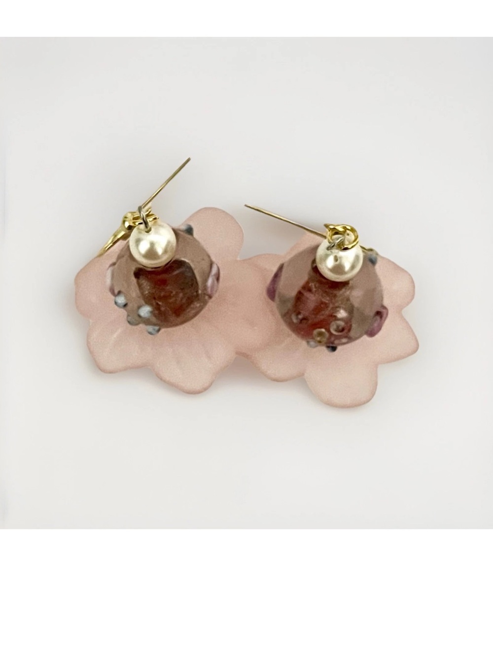 Handmade Pink Frosted Flower Glass Globe Earrings Faux Pearl Accents.